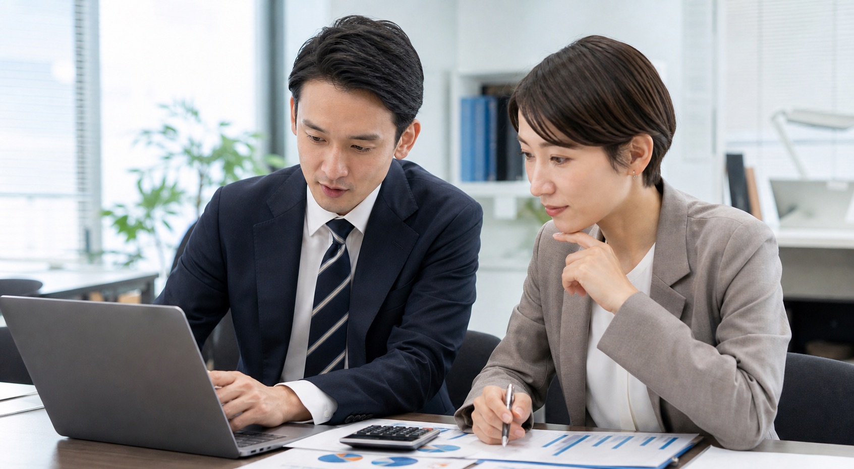経理資料を確認しながら相談する日本人ビジネスパーソン